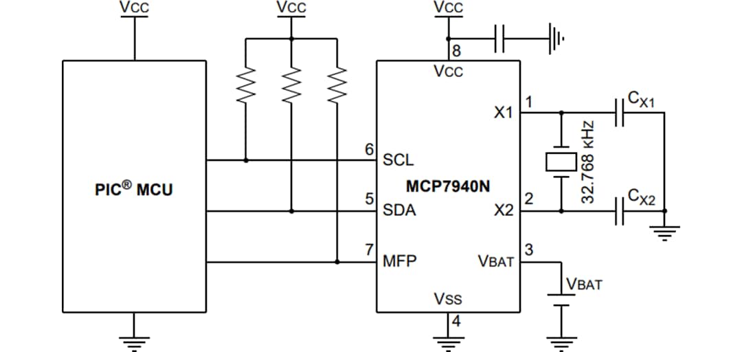 Application Circuit Diagram - Microchip Technology MCP7940N Real-Time Clock/Calendar (RTCC)