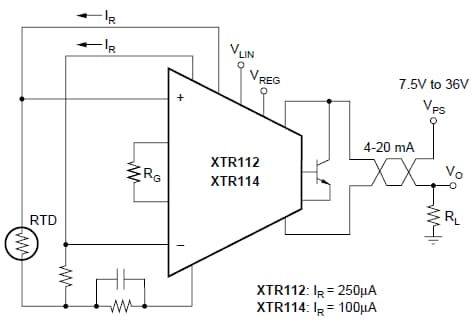Diagrama de circuito de aplicación - Texas Instruments Transmisores de corriente de 4-20 mA XTR112 y XTR114