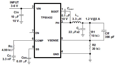 Esquema - Texas Instruments Convertidor de descenso de tensión síncrono TPS5432