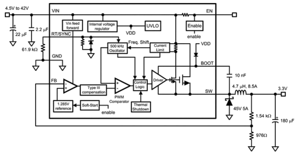 Diagrama de circuito de aplicación - Texas Instruments Reguladores LM2267x SIMPLE SWITCHER® de Texas Instruments