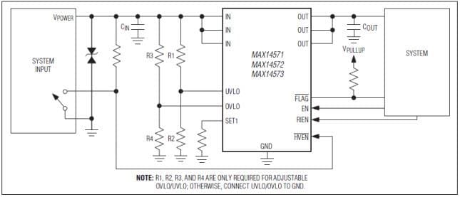 Diagrama de circuito de aplicación - Analog Devices / Maxim Integrated Protectores de sobretensión y sobrecorriente Maxim MAX14571-73 