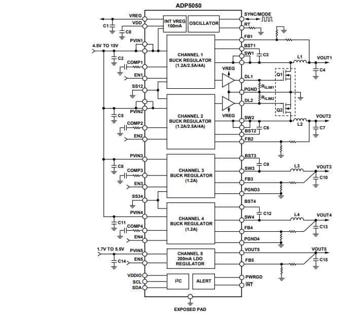 Diagrama de circuito de aplicación - Analog Devices Inc. Solución de corriente integrada ADP5050 