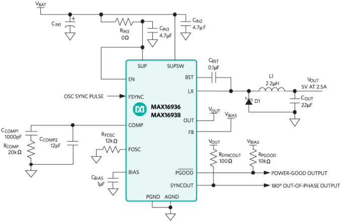 Diagrama de circuito de aplicación - Analog Devices / Maxim Integrated Convertidor de descenso de tensión de 220 kHz a 2,2 MHz MAX16936