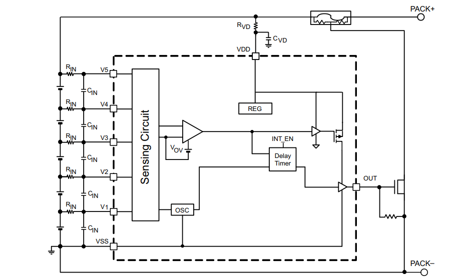 Esquema - Texas Instruments CI de protección de sobretensión de batería de iones de litio bq7718xy 