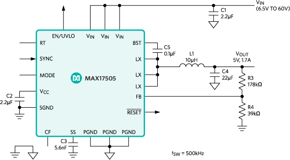 Diagrama de bloques - Analog Devices / Maxim Integrated Convertidores CC-CC de descenso de tensión MAX17505