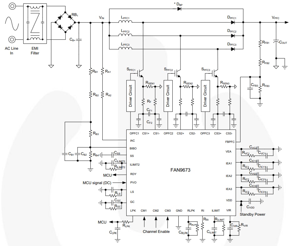 Diagrama de circuito de aplicación - onsemi Controlador CCM PFC FAN9673