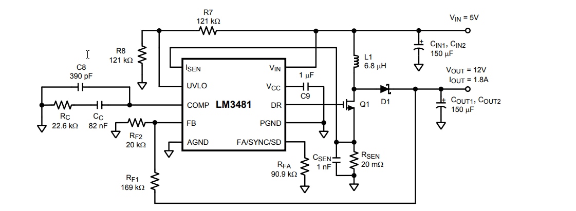 Diagrama de circuito de aplicación - Texas Instruments Controladores de alto rendimiento N-FET de lado inferior LM3481 SIMPLE SWITCHER®