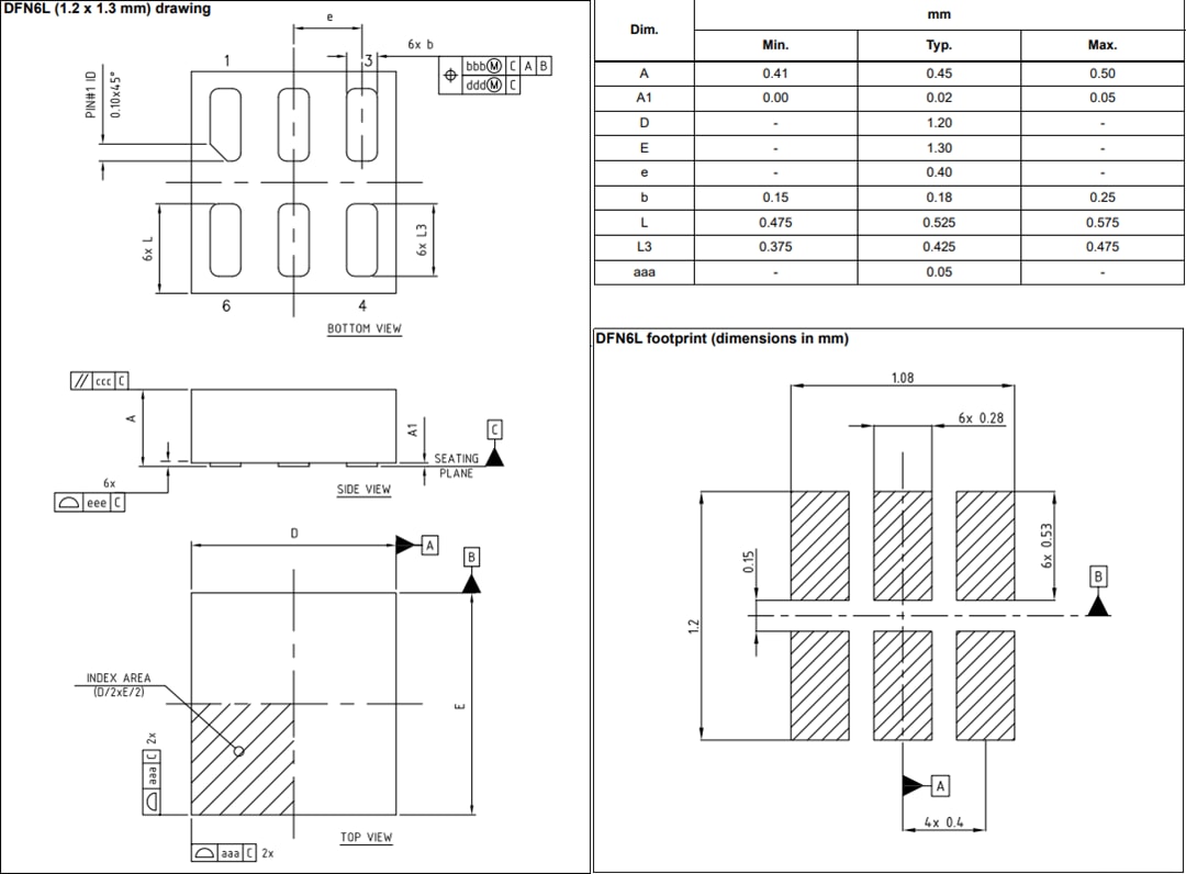 Dibujo mecánico - STMicroelectronics Reguladores de tensión de caída baja LDK130P DFN-6L