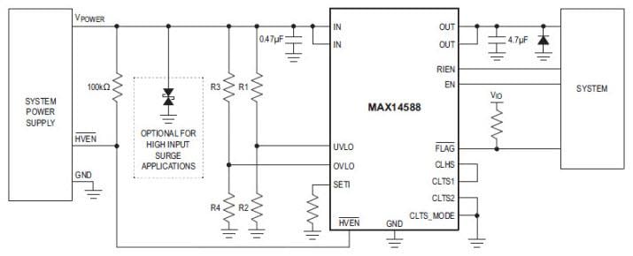 Diagrama de circuito de aplicación - Analog Devices / Maxim Integrated Supresores de sobretensión MAX14588