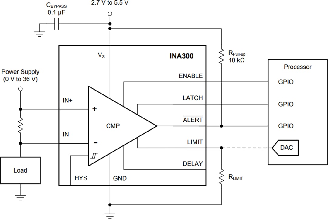 Diagrama de circuito de aplicación - Texas Instruments Comparador de detección de corriente de lado alto o bajo INA300