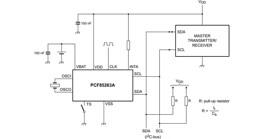 Diagrama de circuito de aplicación - NXP Semiconductors Reloj/calendario en tiempo real diminuto PCF85263A 