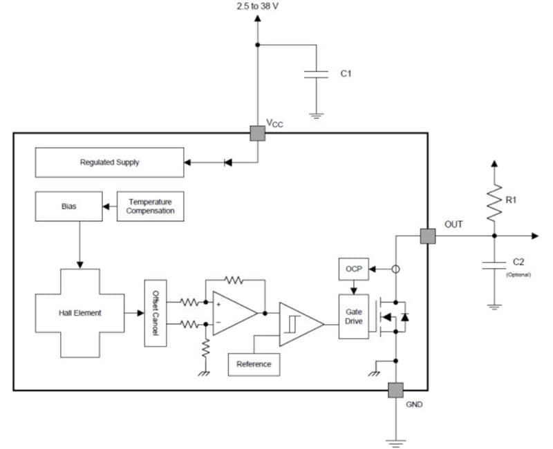 Diagrama de bloques - Texas Instruments Sensor de efecto hall de cierre digital DRV5013