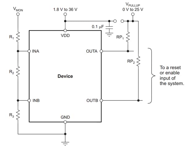 Diagrama de circuito de aplicación - Texas Instruments Comparador de ventanas de 36 V TPS3701