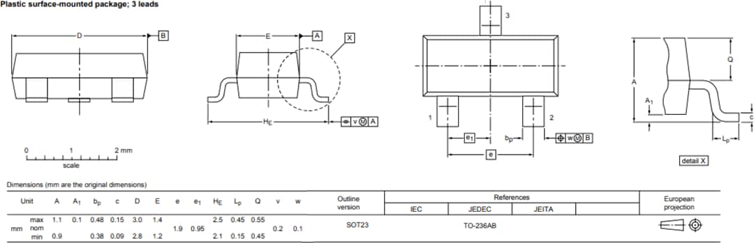 Dibujo mecánico - Nexperia MOSFET Trench de canal P de 20 V BSH205G2