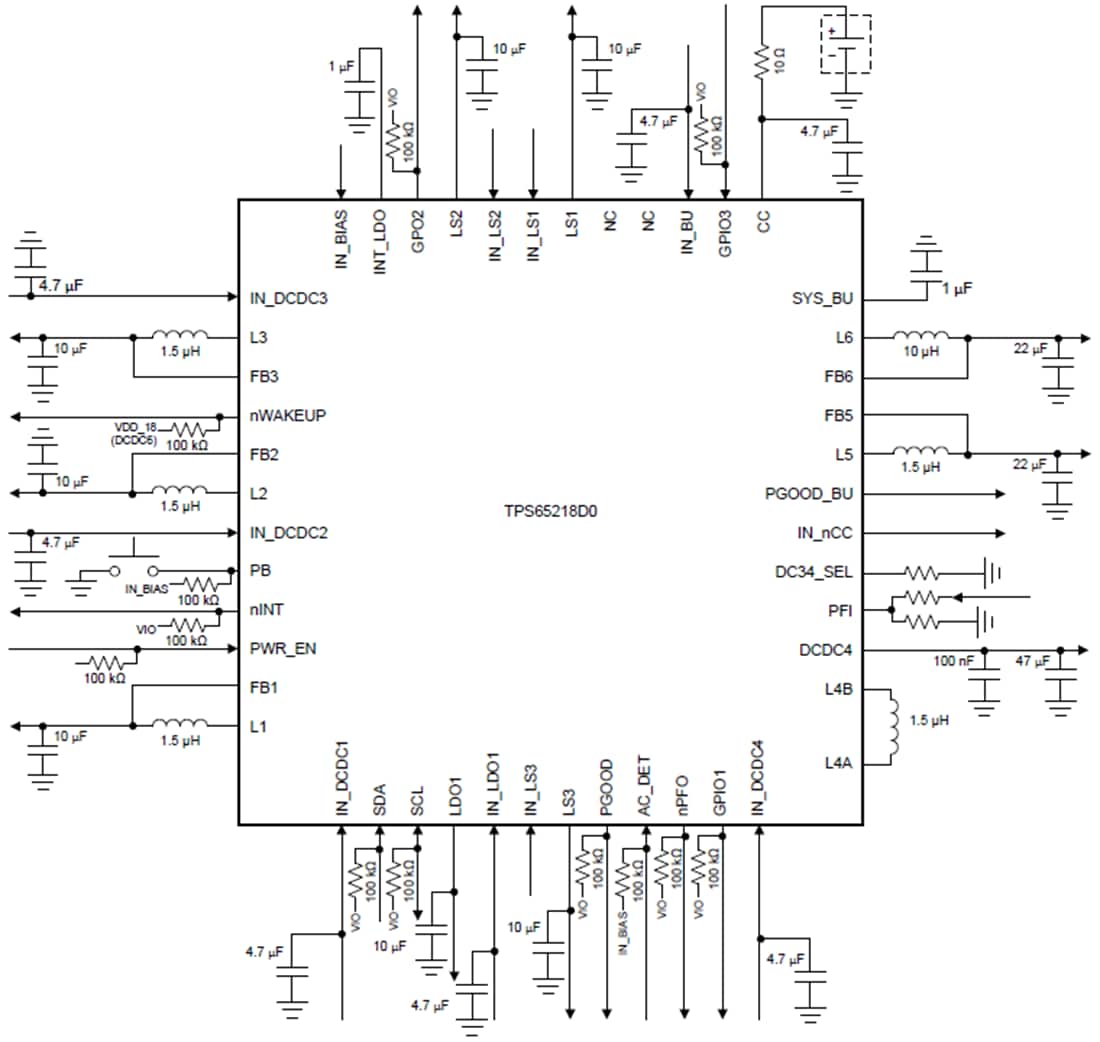 Esquema - Texas Instruments CI de control de potencia (PMIC) TPS65218 