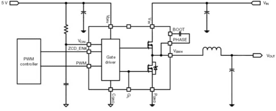 Diagrama de circuito de aplicación - Vishay Semiconductors Etapa de potencia integrada de la serie SiC5xx DrMOS