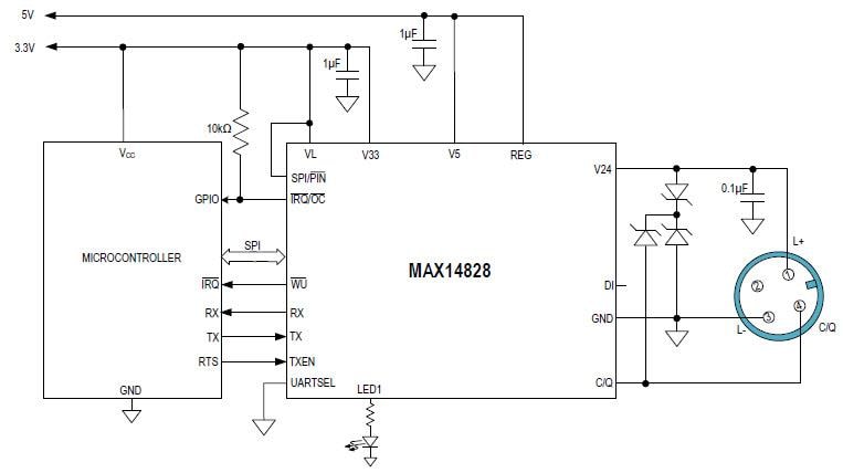Application Circuit Diagram - Analog Devices / Maxim Integrated MAX14828 IO-Link Device Transceiver