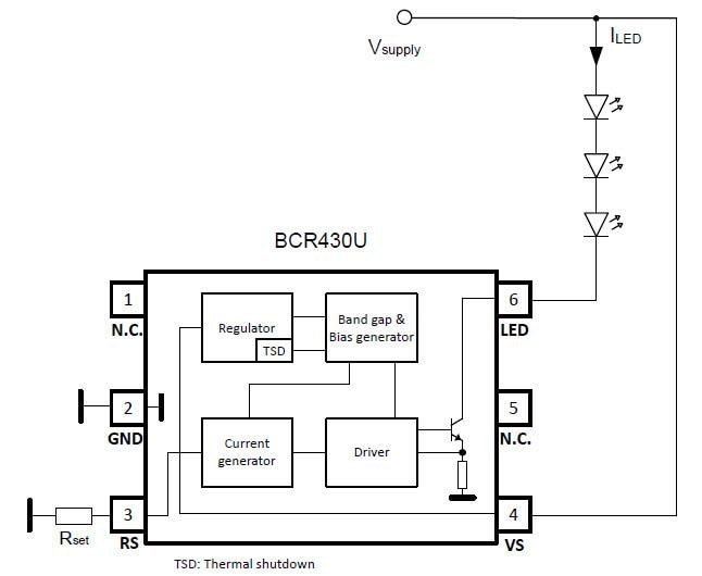 Diagrama de bloques - Infineon Technologies CI de controlador LED con caída de tensión baja BCR430U