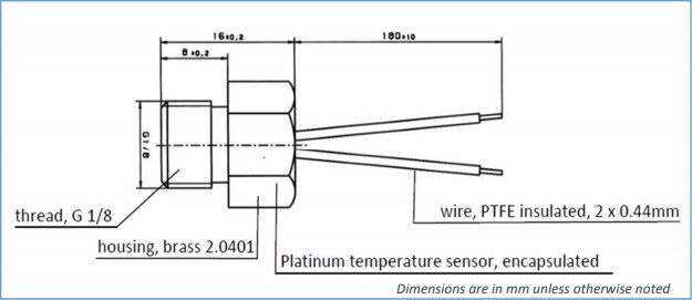 Mechanical Drawing - YAGEO Nexensos Threaded Platinum RTD Temperature Sensors