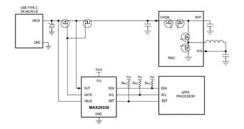 Application Circuit Diagram - Analog Devices / Maxim Integrated MAX20330 Programmable OVP Control PMIC
