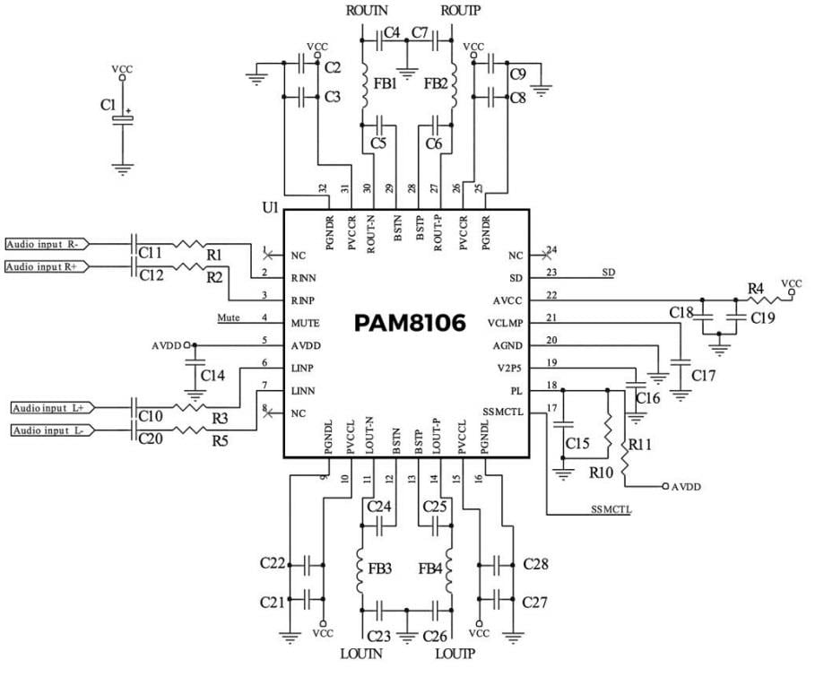 Application Circuit Diagram - Diodes Incorporated PAM8106 10W Audio Amplifier