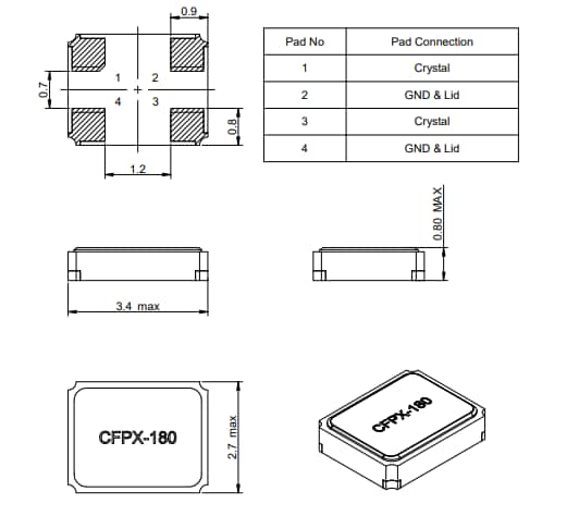 Mechanical Drawing - IQD CFPX-180 SMD Quartz Crystals