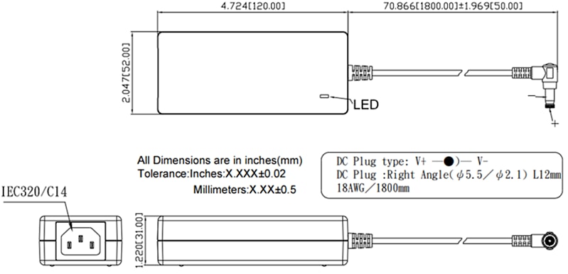 Mechanical Drawing - Cincon TRH70A 70W Switching Adapters