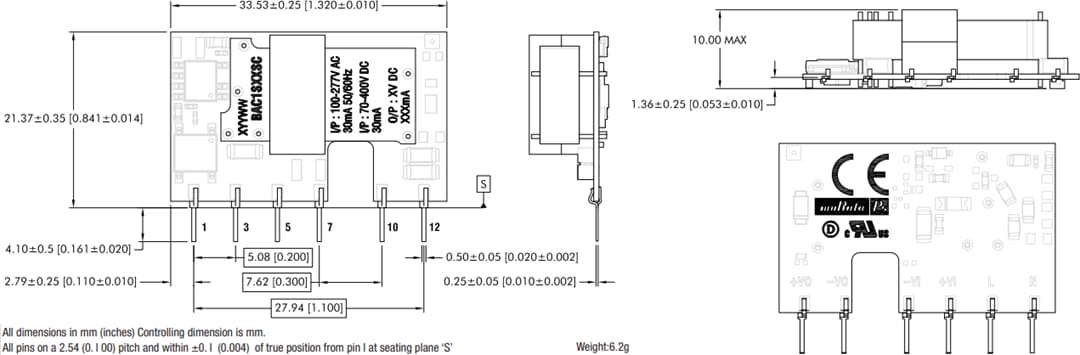 Mechanical Drawing - Murata Power Solutions BAC1 Isolated 1W AC-DC Converters