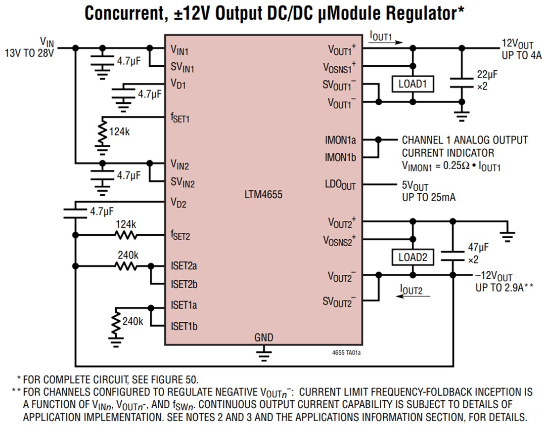 Application Circuit Diagram - Analog Devices Inc. LTM4655 Dual/Single Inverting μModule® Regulator