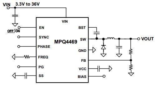 Application Circuit Diagram - Monolithic Power Systems (MPS) MPQ4469-AEC1 Switching Regulator