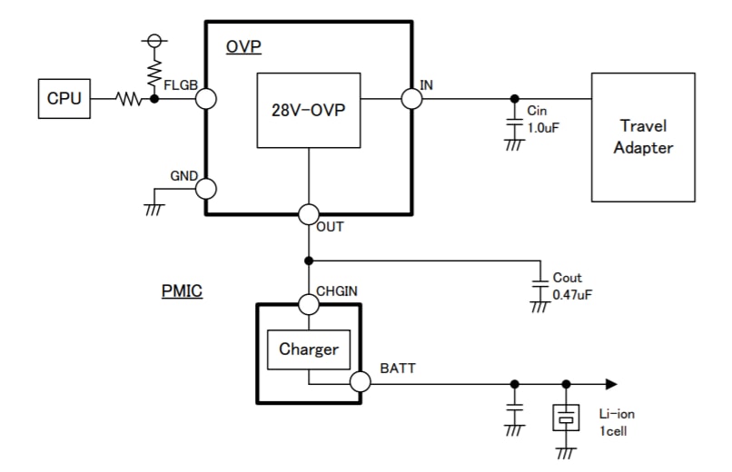 Application Circuit Diagram - ROHM Semiconductor BD6047AGUL-E2 Charge Protection IC