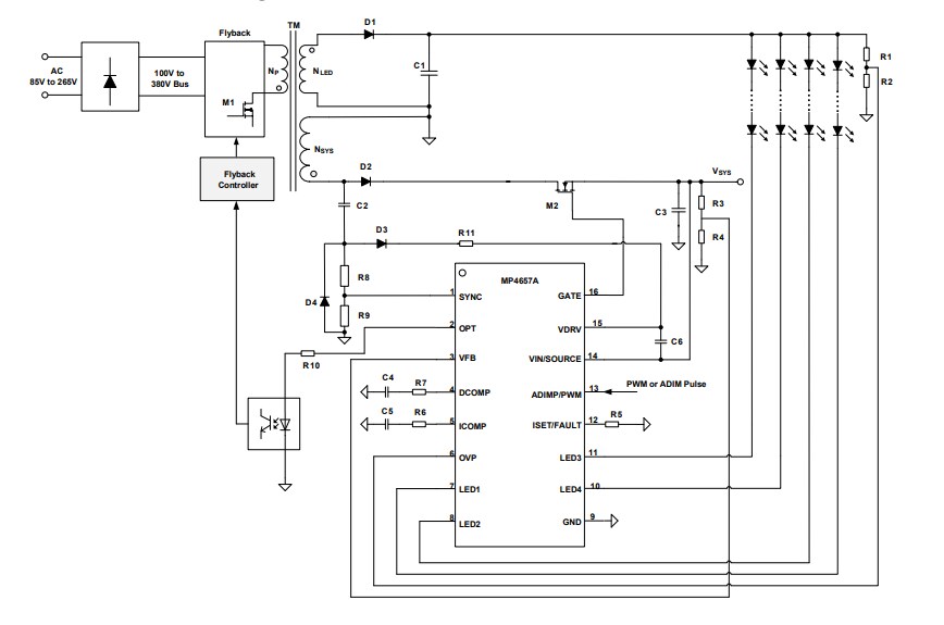 Application Circuit Diagram - Monolithic Power Systems (MPS) MP4657A LED Driver & System Voltage Controllers
