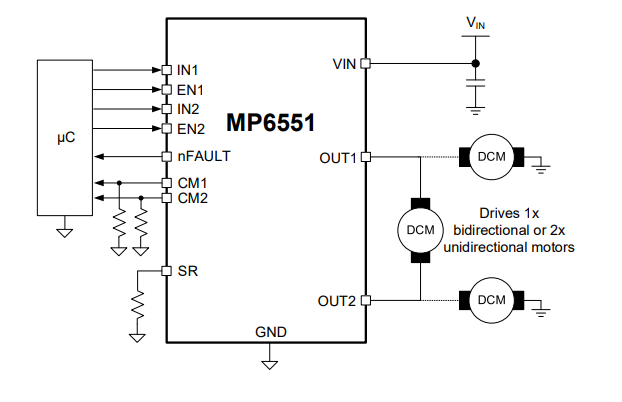 Application Circuit Diagram - Monolithic Power Systems (MPS) MP6551 14V 5A H-Bridge Motor Drivers