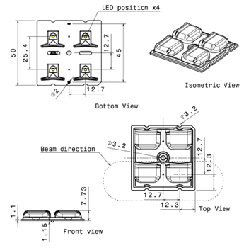 Mechanical Drawing - Ledil AMBER-2X2 LED Lighting Lenses
