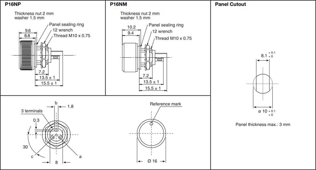 Mechanical Drawing - Vishay / Sfernice P16 & PA16 Compact Knob Potentiometers