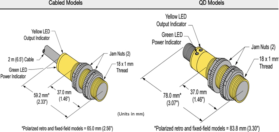 Mechanical Drawing - Banner Engineering S18 Series Photoelectric Sensors