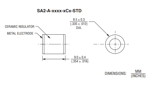 Mechanical Drawing - Bourns SA2-A High Voltage Gas Discharge Tubes (GDTs)