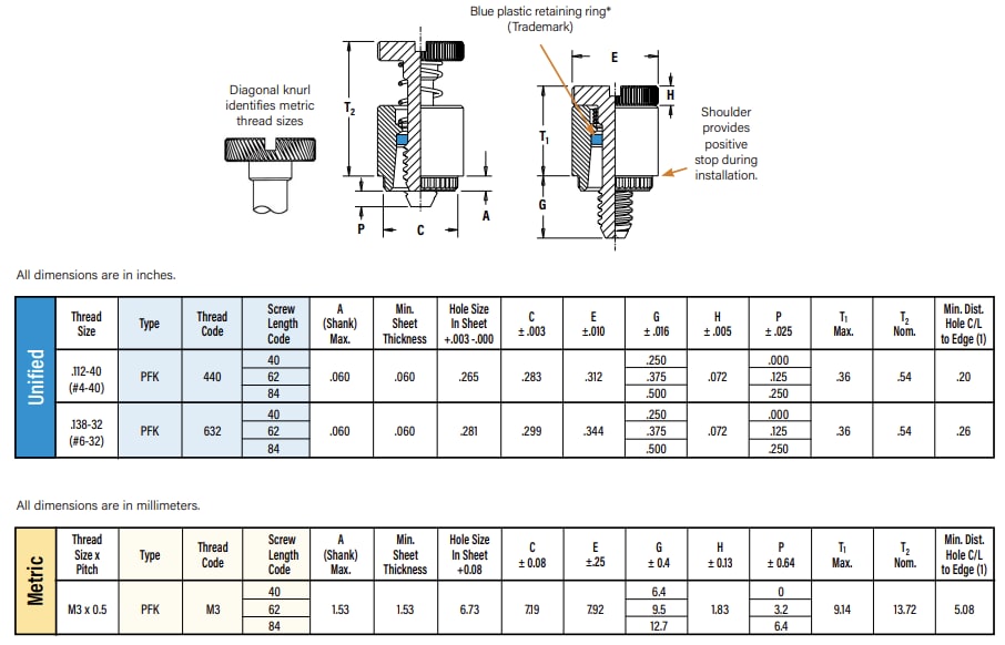 Mechanical Drawing - PEM PFK™ Broaching Captive Panel Screws