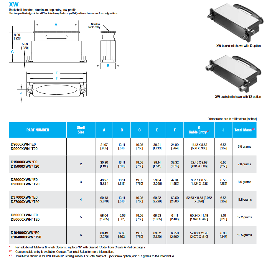 Mechanical Drawing - Positronic X-Hood One-Piece Banded D-Sub Backshells