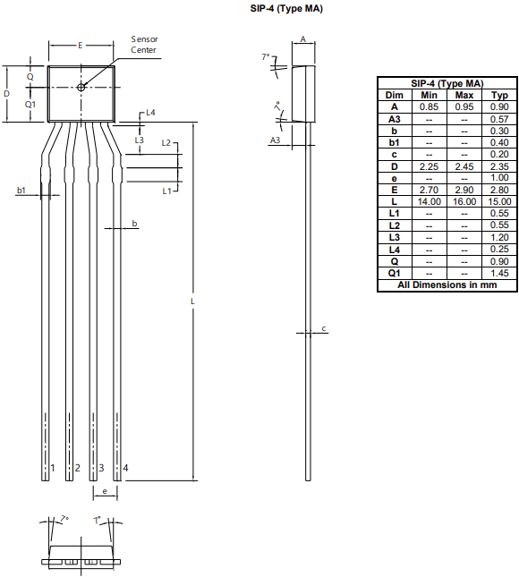Mechanical Drawing - Diodes Incorporated AHE300 InSb Hall Elements