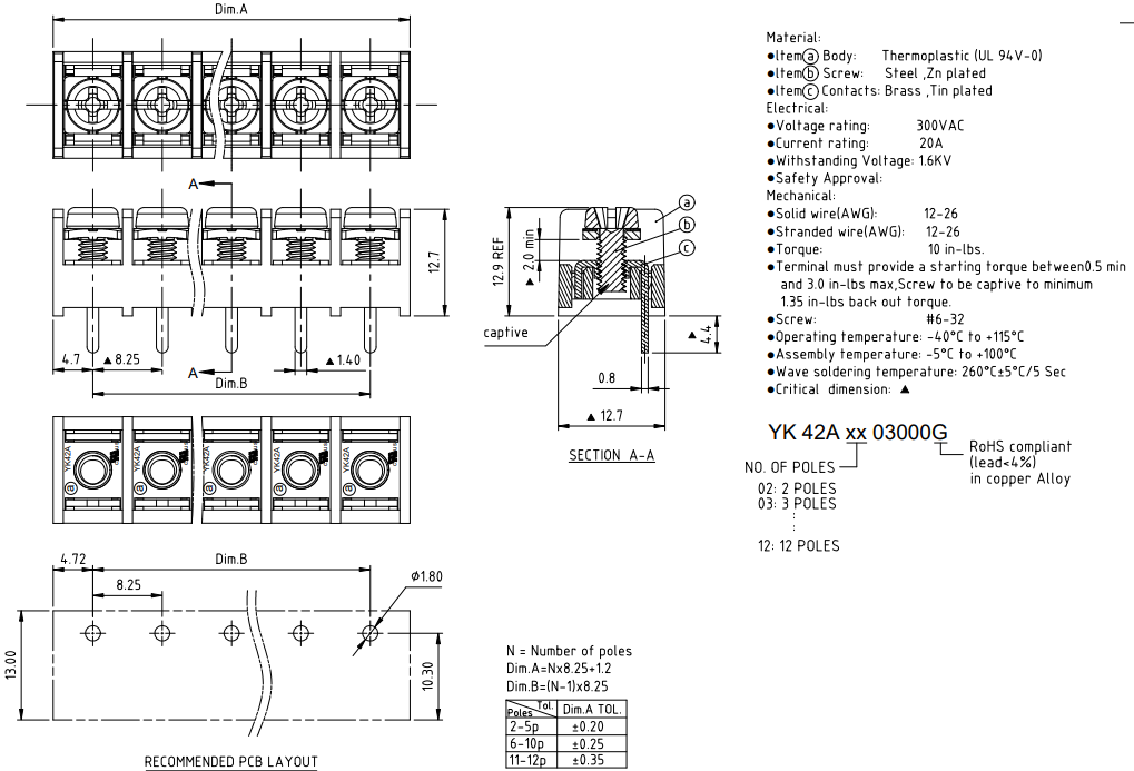 Mechanical Drawing - Amphenol Anytek YK42A Single-Row Barrier Terminal Blocks