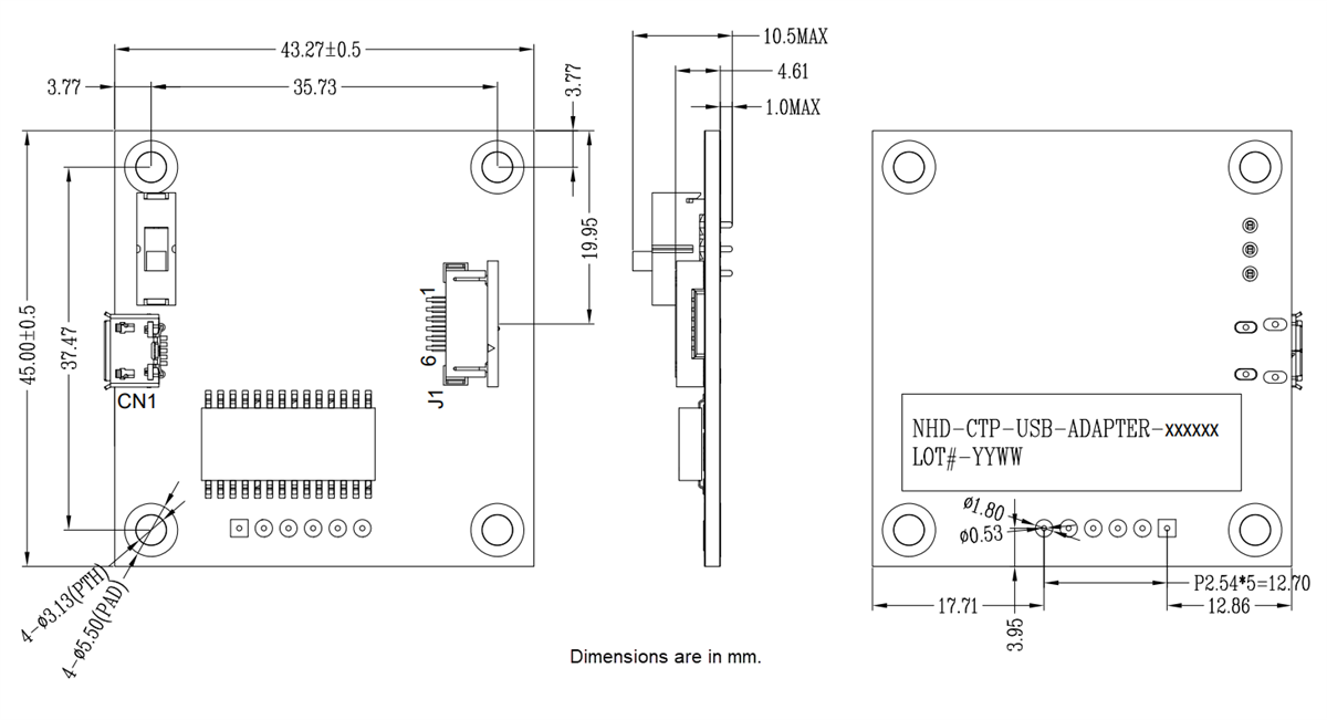 Mechanical Drawing - Newhaven Display I2C-to-USB Adapter Boards
