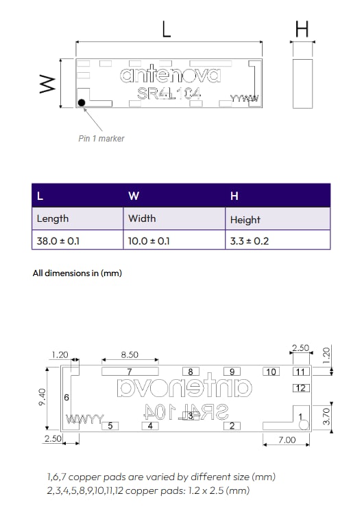 Mechanical Drawing - Antenova Opaca SR4L104 IamiiANT® Cellular 5G Antennas