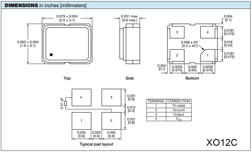 Mechanical Drawing - Vishay / Dale XOxC Surface-Mount Oscillators