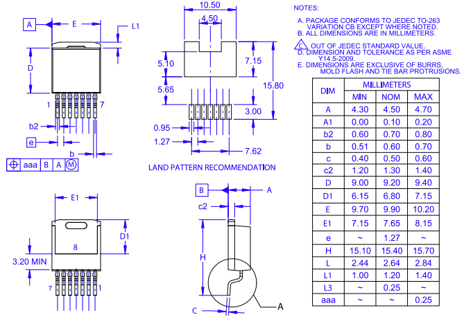 Mechanical Drawing - onsemi NVBG050N170M1 Silicon Carbide (SiC) MOSFET