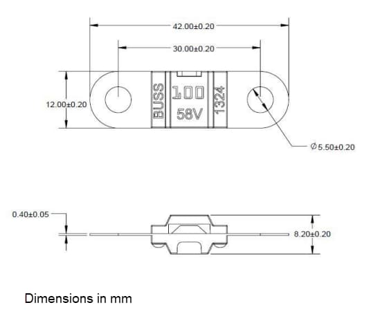 Mechanical Drawing - Eaton BAT1 Bolt-Down Fuses