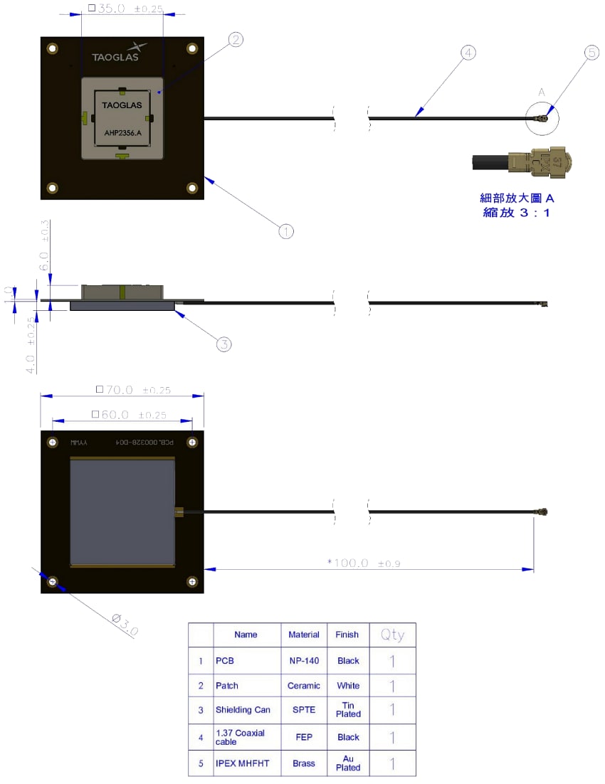 Mechanical Drawing - Taoglas AHP2356A Active 2-Stage LNA GNSS Antenna