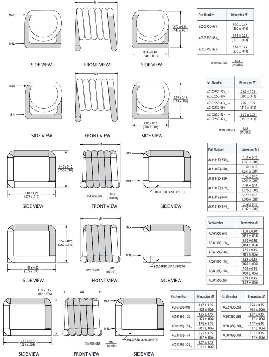 Mechanical Drawing - Bourns ACxSQ Air Coil RF Inductors