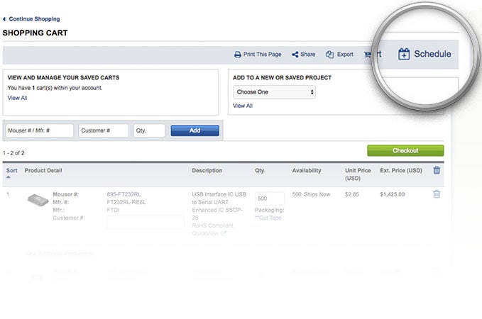 Carrito de la compra de Mouser Botón Programar pedido resaltado en la página del carrito de la compra.
