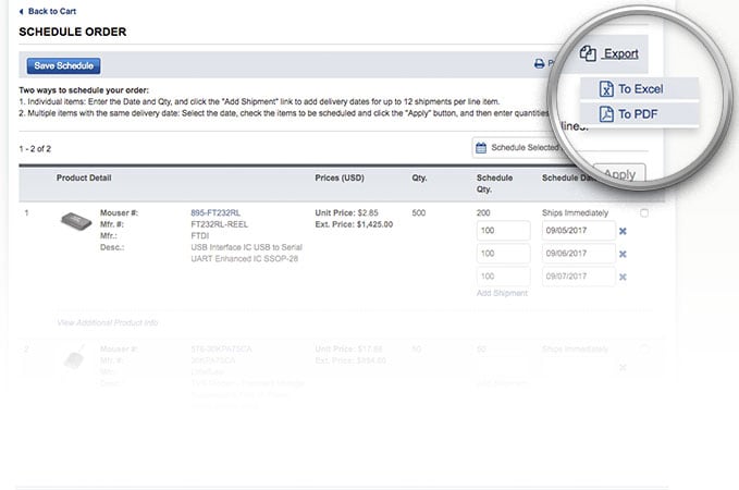 Programación de entrega Exporte las opciones del menú desplegable a la página de programación de pedidos.